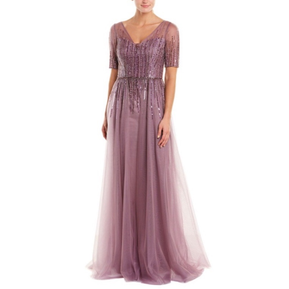 Teri Jon Short Sleeve Sequin Tulle Gown - 4